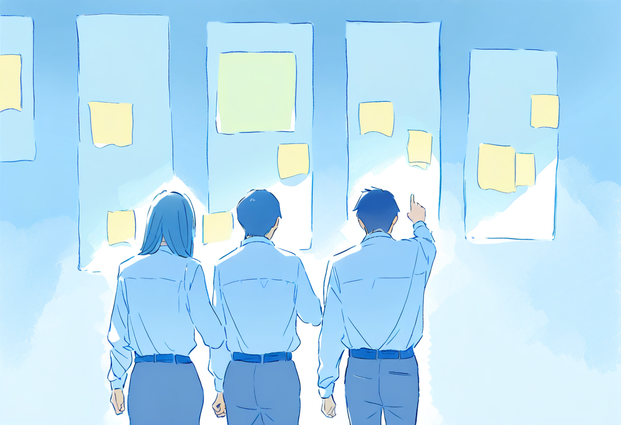 付箋が並んだボードの前で、3 人が仕事の段取りを確かめている